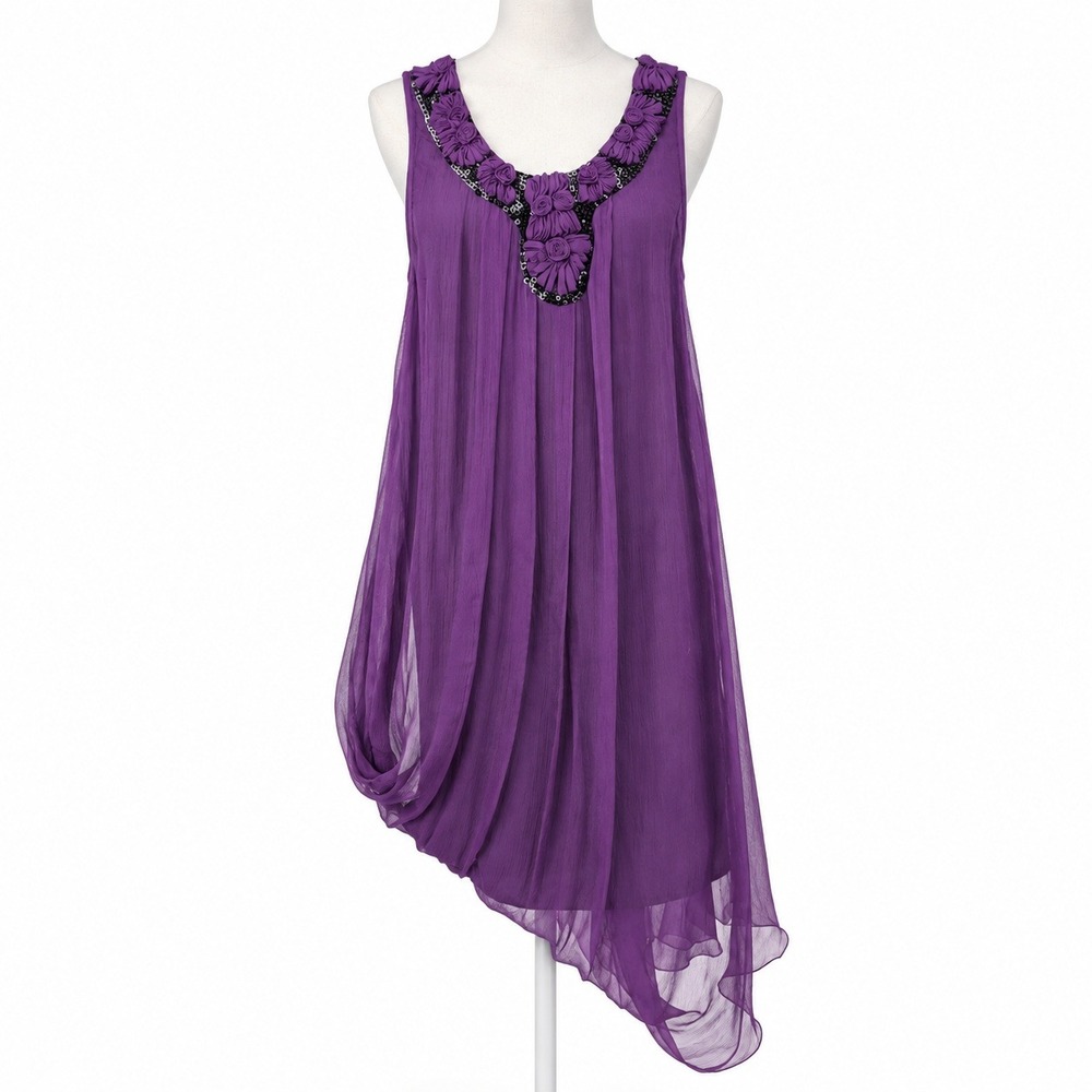 Vintage Y2K‎ 100% Silk Asymmetrical Floral Cocktail Dress Sz S Purple Boho Indie